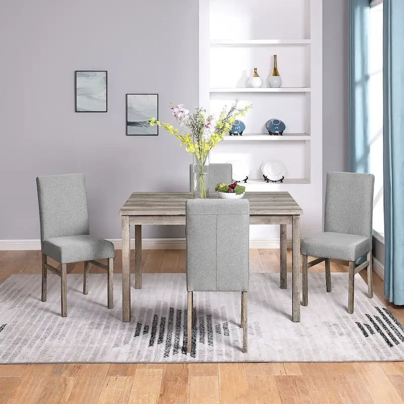 Rustic 5-Piece Dining Set with Small Space Rectangular Table & 4 Upholstered Chairs