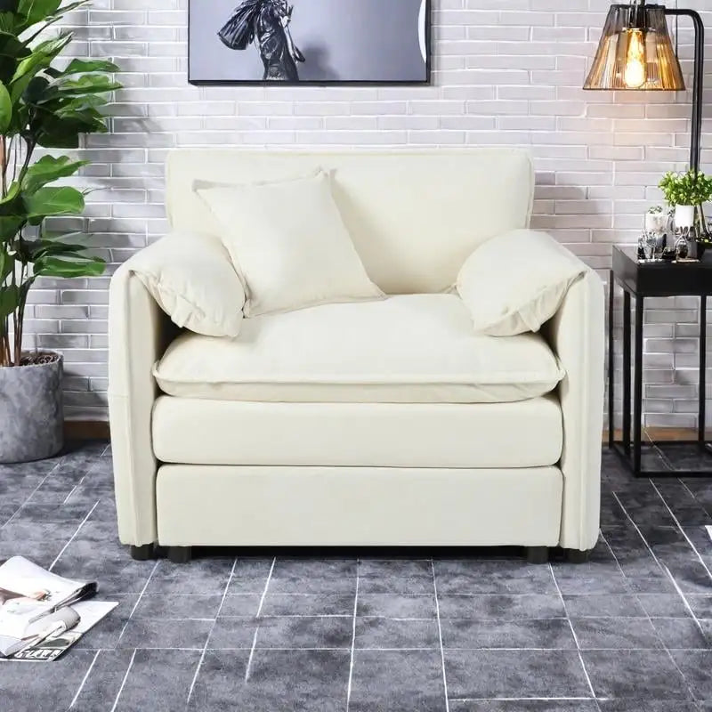 Beige Chenille Single Armchair with Storage Pockets