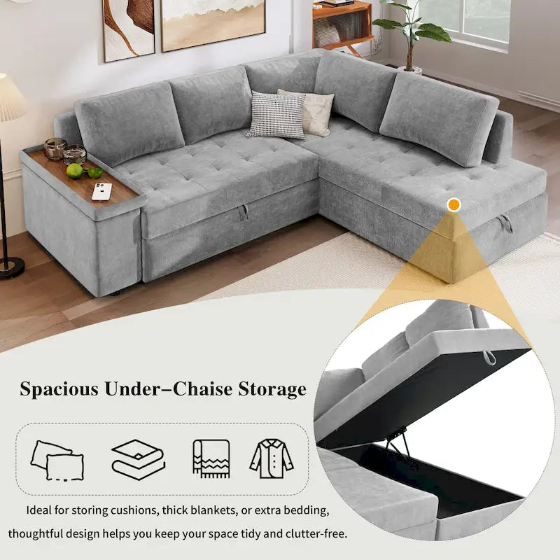 91.5 L-Shaped 4-Seat Sleeper Sofa with Pull-Out Bed and Storage