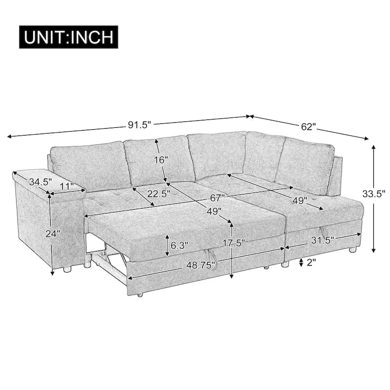91.5 L-Shaped 4-Seat Sleeper Sofa with Pull-Out Bed and Storage