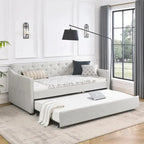 Twin Size Linen Upholstered Daybed Frame with Trundle & Tufted Backrest
