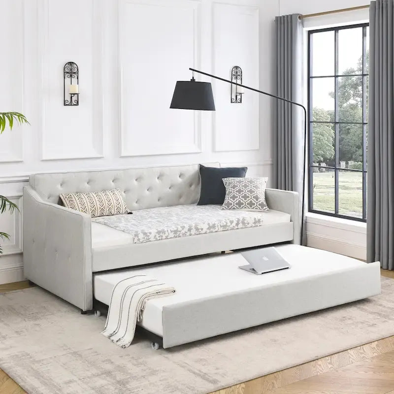 Twin Size Linen Upholstered Daybed Frame with Trundle & Tufted Backrest