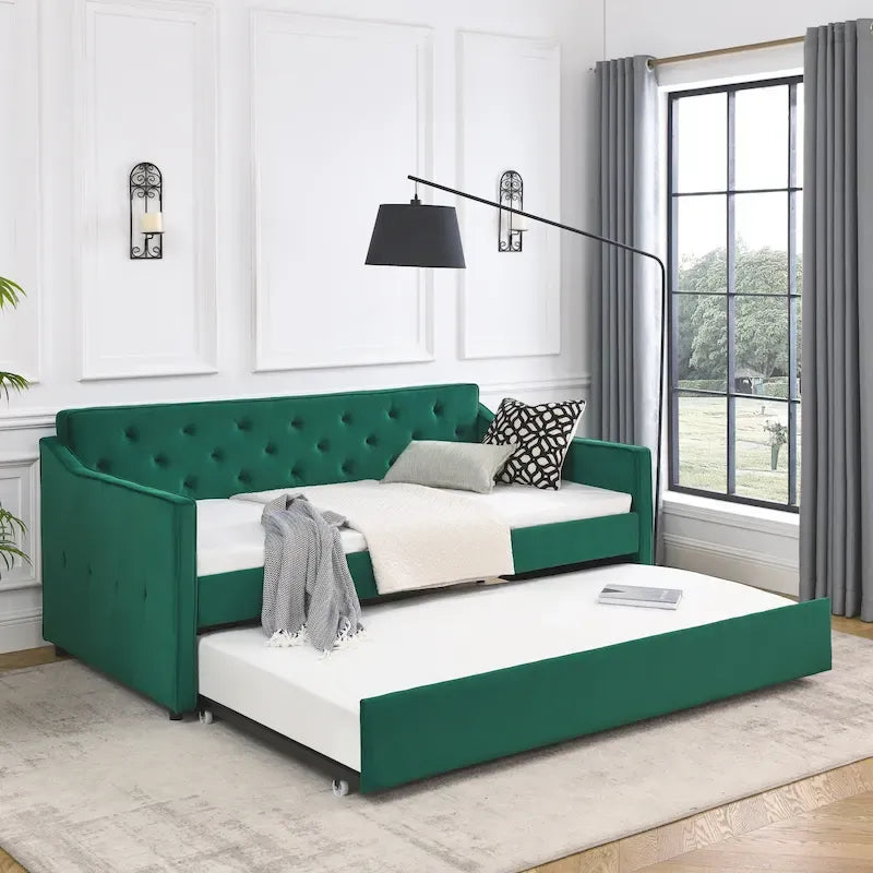 Twin Size Linen Upholstered Daybed Frame with Trundle & Tufted Backrest