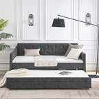 Twin Size Linen Upholstered Daybed Frame with Trundle & Tufted Backrest