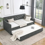 Twin Size Linen Upholstered Daybed Frame with Trundle & Tufted Backrest