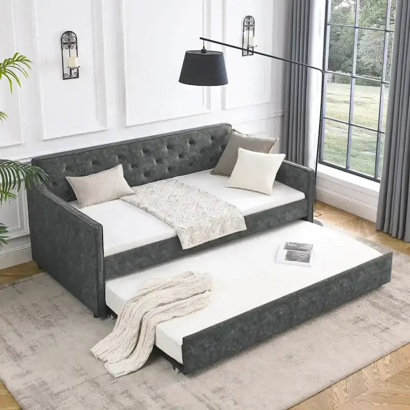 Twin Size Linen Upholstered Daybed Frame with Trundle & Tufted Backrest