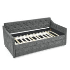 Twin Size Linen Upholstered Daybed Frame with Trundle & Tufted Backrest