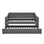 Twin Size Linen Upholstered Daybed Frame with Trundle & Tufted Backrest