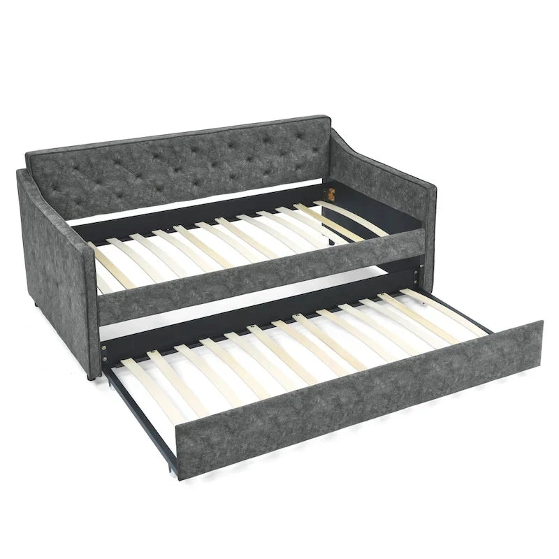 Twin Size Linen Upholstered Daybed Frame with Trundle & Tufted Backrest