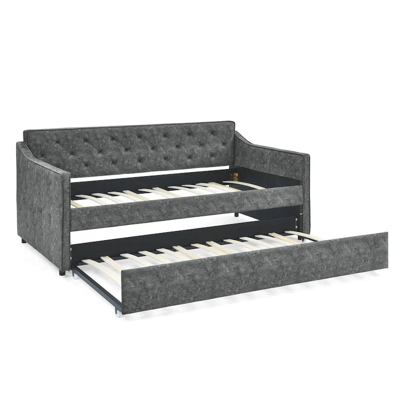 Twin Size Linen Upholstered Daybed Frame with Trundle & Tufted Backrest
