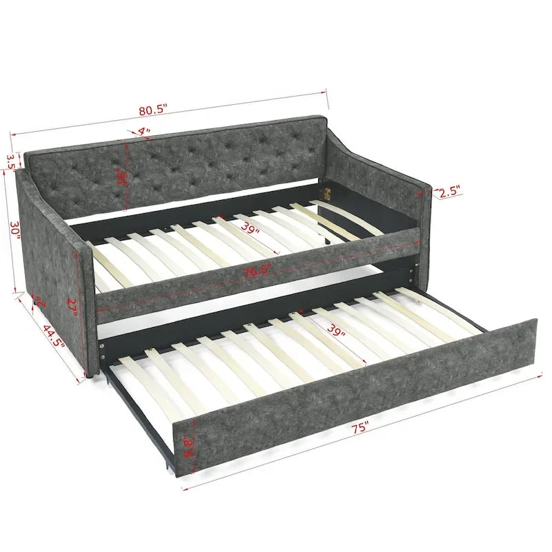 Twin Size Linen Upholstered Daybed Frame with Trundle & Tufted Backrest