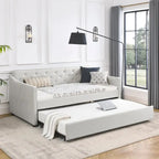 Twin Size Linen Upholstered Daybed Frame with Trundle & Tufted Backrest