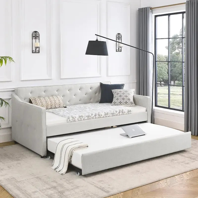 Twin Size Linen Upholstered Daybed Frame with Trundle & Tufted Backrest