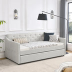 Twin Size Linen Upholstered Daybed Frame with Trundle & Tufted Backrest