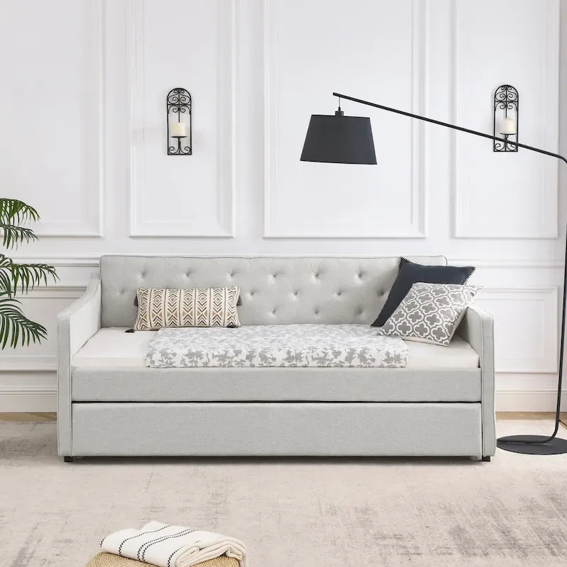 Twin Size Linen Upholstered Daybed Frame with Trundle & Tufted Backrest