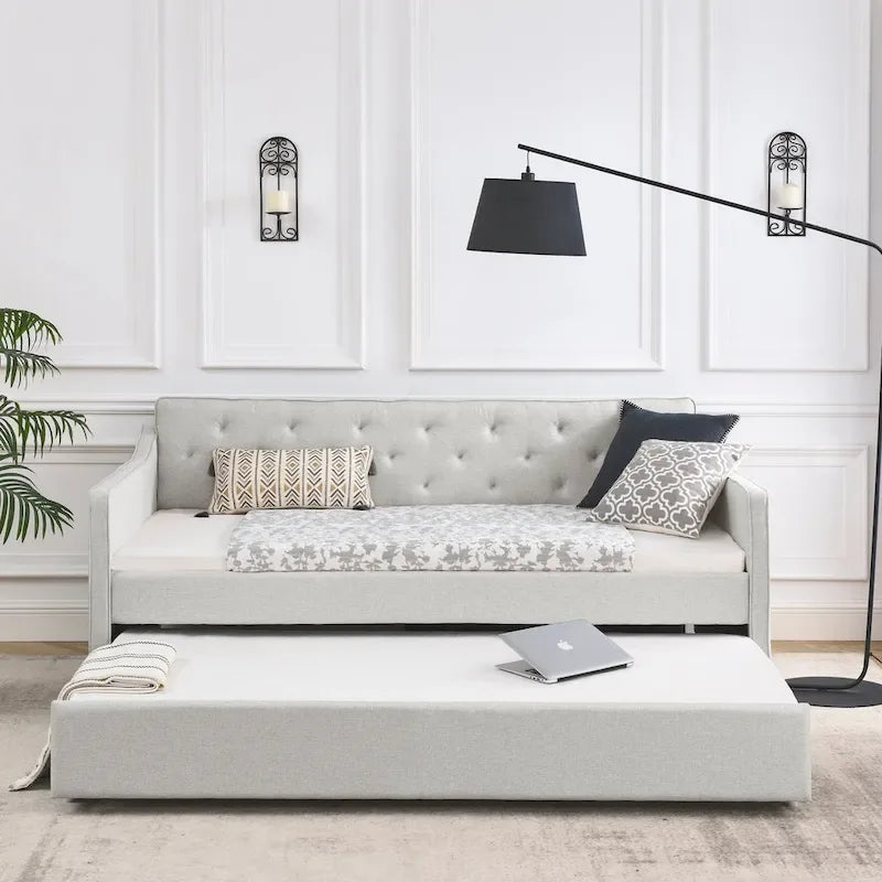 Twin Size Linen Upholstered Daybed Frame with Trundle & Tufted Backrest