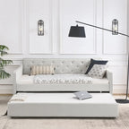 Twin Size Linen Upholstered Daybed Frame with Trundle & Tufted Backrest