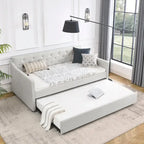 Twin Size Linen Upholstered Daybed Frame with Trundle & Tufted Backrest