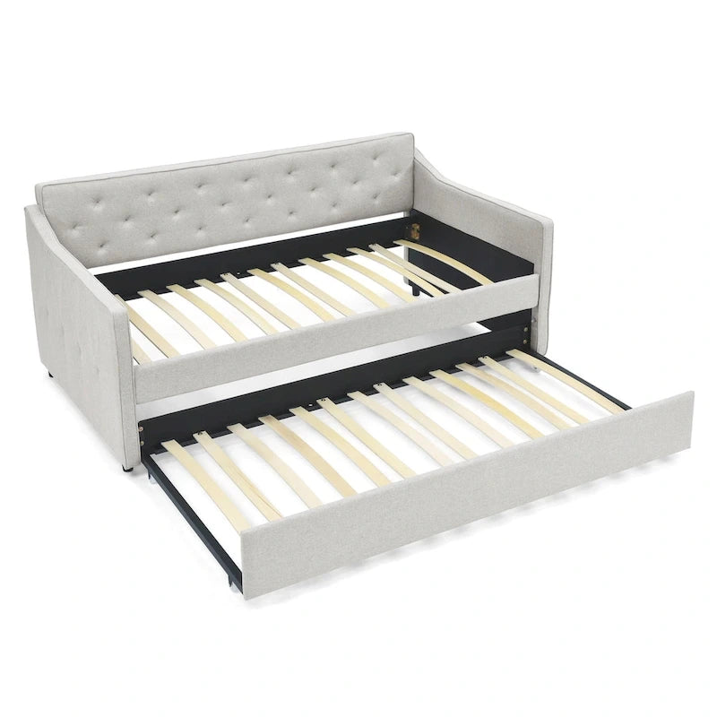 Twin Size Linen Upholstered Daybed Frame with Trundle & Tufted Backrest