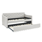 Twin Size Linen Upholstered Daybed Frame with Trundle & Tufted Backrest