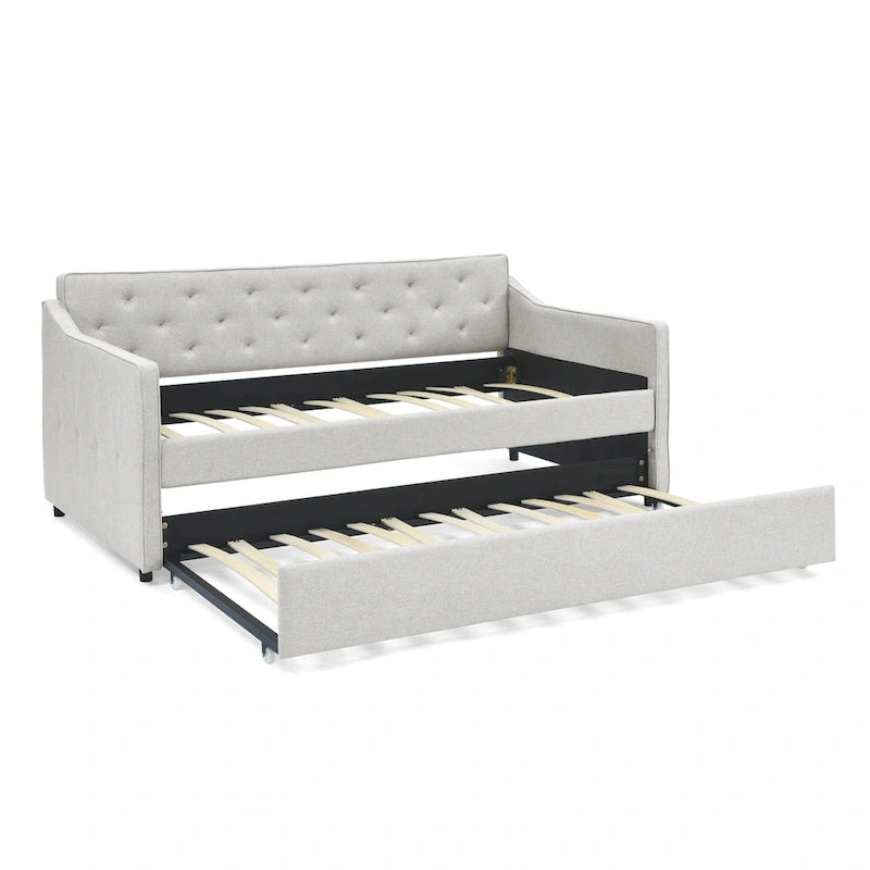 Twin Size Linen Upholstered Daybed Frame with Trundle & Tufted Backrest