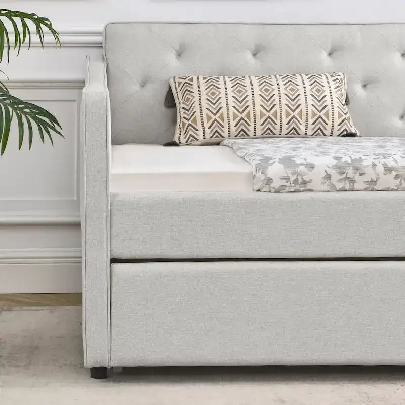 Twin Size Linen Upholstered Daybed Frame with Trundle & Tufted Backrest