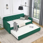 Twin Size Linen Upholstered Daybed Frame with Trundle & Tufted Backrest