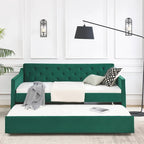 Twin Size Linen Upholstered Daybed Frame with Trundle & Tufted Backrest