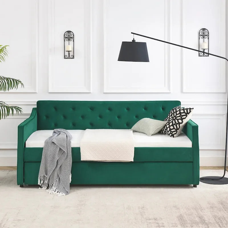 Twin Size Linen Upholstered Daybed Frame with Trundle & Tufted Backrest
