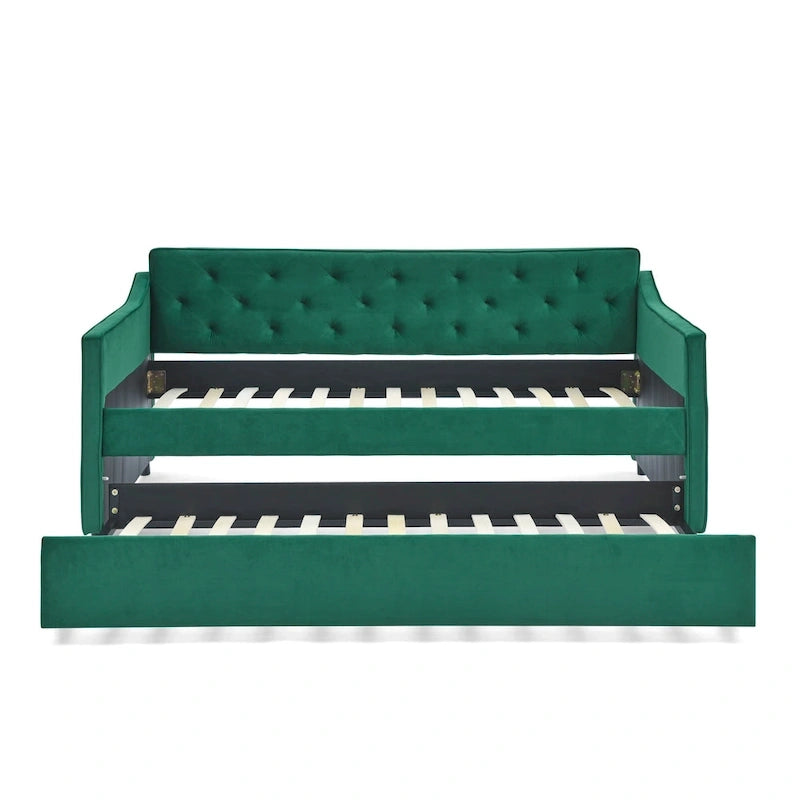 Twin Size Linen Upholstered Daybed Frame with Trundle & Tufted Backrest