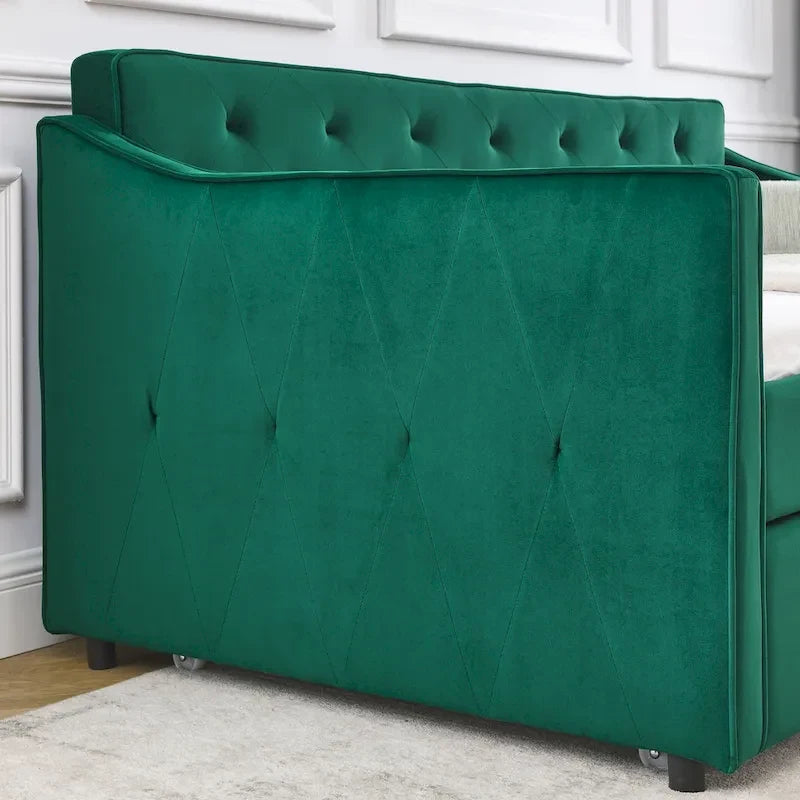 Twin Size Linen Upholstered Daybed Frame with Trundle & Tufted Backrest