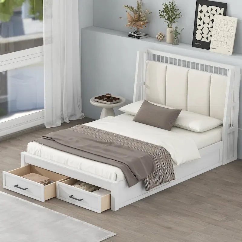 Full Size Wooden Platform Bed with Upholstered Headboard and 2 Drawers