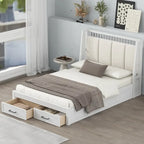 Full Size Wooden Platform Bed with Upholstered Headboard and 2 Drawers