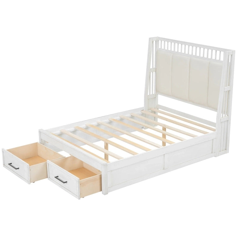 Full Size Wooden Platform Bed with Upholstered Headboard and 2 Drawers