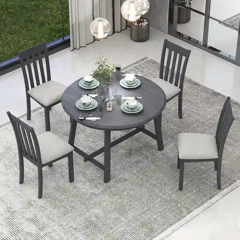 5-Piece Wooden Dining Table Set with Round Extendable Table & 4 Chairs
