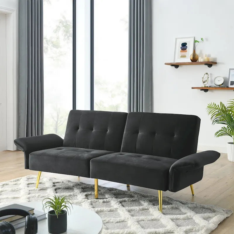 Italian Velvet Convertible Sleeper Sofa Bed with with Folded Armrests and Storage Bags