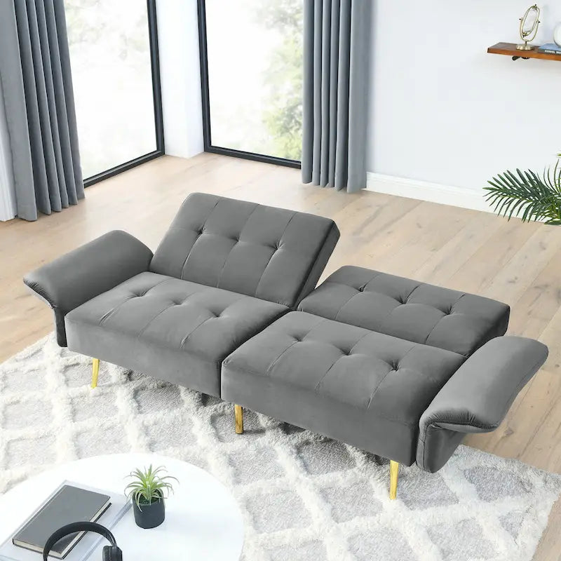 Italian Velvet Convertible Sleeper Sofa Bed with with Folded Armrests and Storage Bags