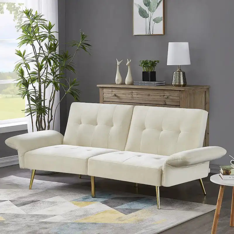 Italian Velvet Convertible Sleeper Sofa Bed with with Folded Armrests and Storage Bags