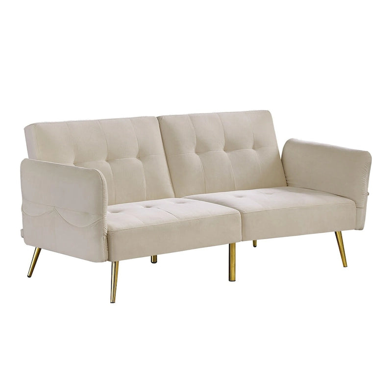 Italian Velvet Convertible Sleeper Sofa Bed with with Folded Armrests and Storage Bags