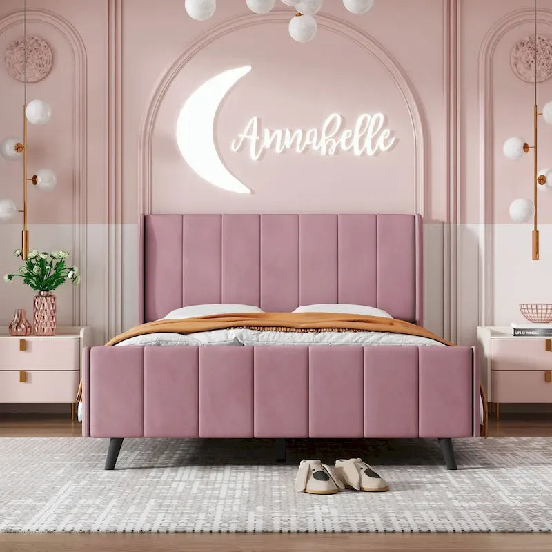 Full Size Pink Velvet Upholstered Wingback Bed