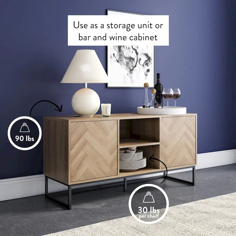 Nathan James Dylan Media Console Cabinet TV Stand with Hidden Storage Herringbone Pattern Wood Metal - 47 inches in width