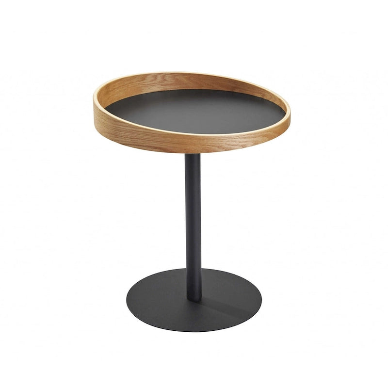  22 Black And Natural Wood And Metal Round Pedestal End Table - 18