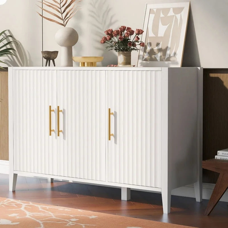 Vertical Grain Storage Cabinet - 3 Doors - Pine Legs - Metal Handles - 48W