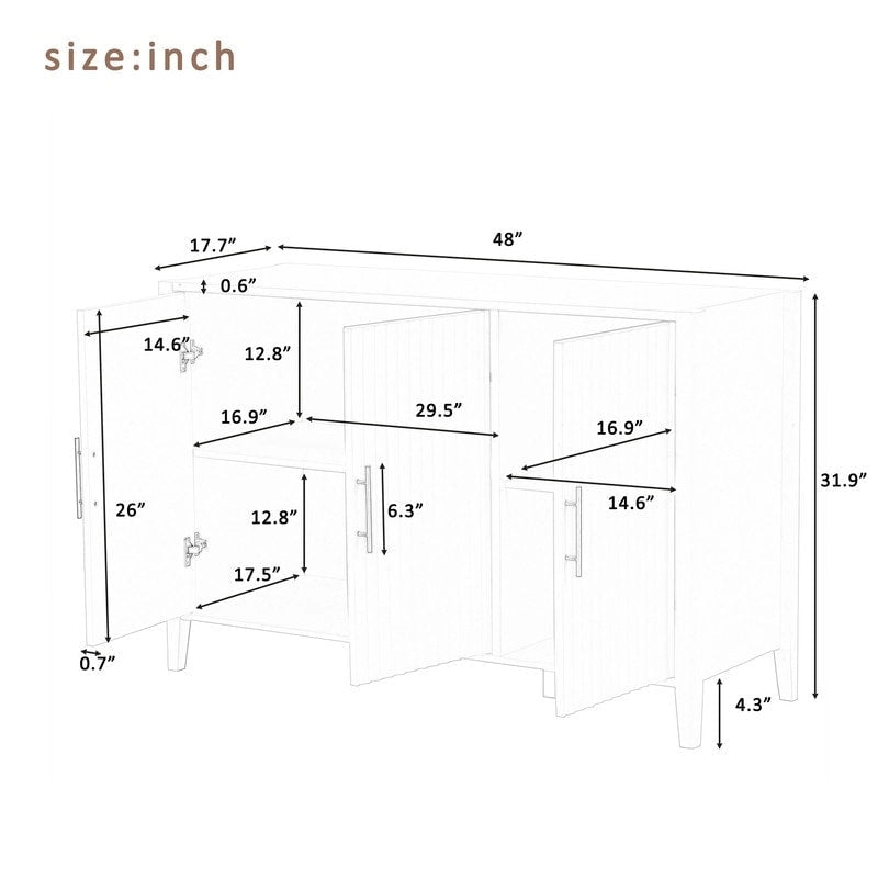 Vertical Grain Storage Cabinet - 3 Doors - Pine Legs - Metal Handles - 48W