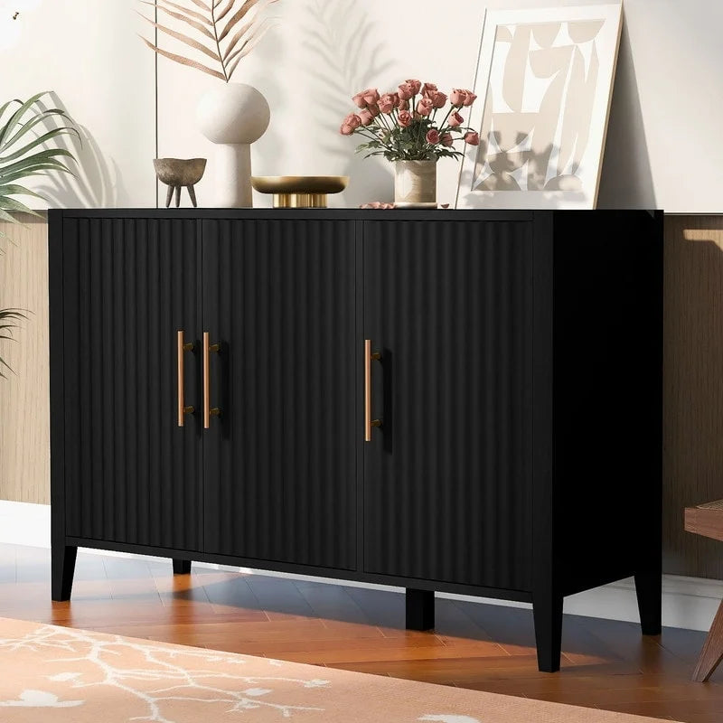 Vertical Grain Storage Cabinet - 3 Doors - Pine Legs - Metal Handles - 48W