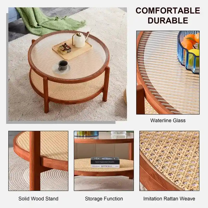 Modern Minimalist Glass Circular Double-layer Solid Wood Coffee Table