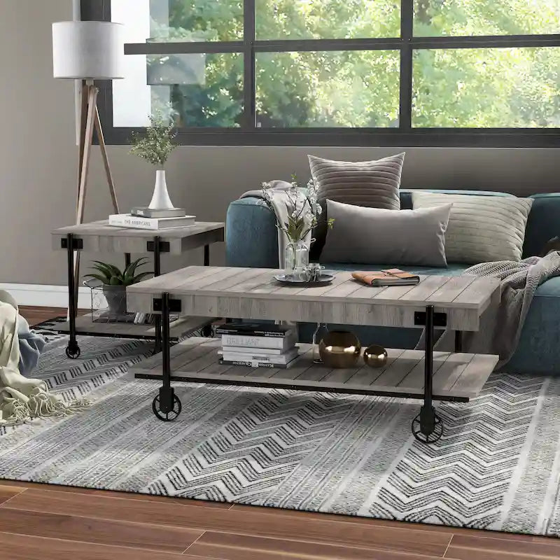 Hyssop Farmhouse Steel 2-Piece Coffee Table Set with Shelf by