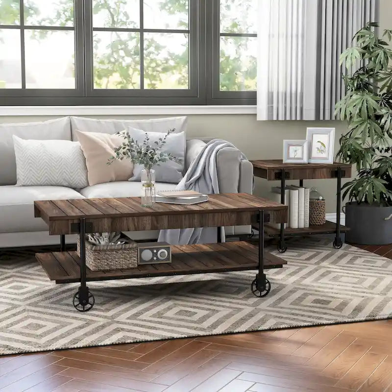 Hyssop Farmhouse Steel 2-Piece Coffee Table Set with Shelf by