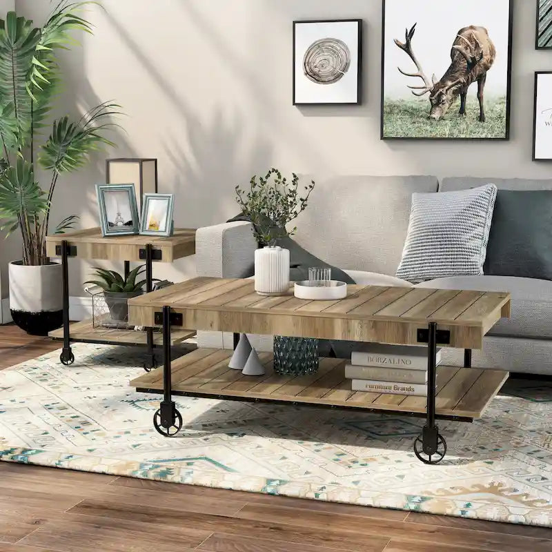 Hyssop Farmhouse Steel 2-Piece Coffee Table Set with Shelf by