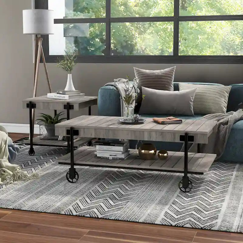 Hyssop Farmhouse Steel 2-Piece Coffee Table Set with Shelf by